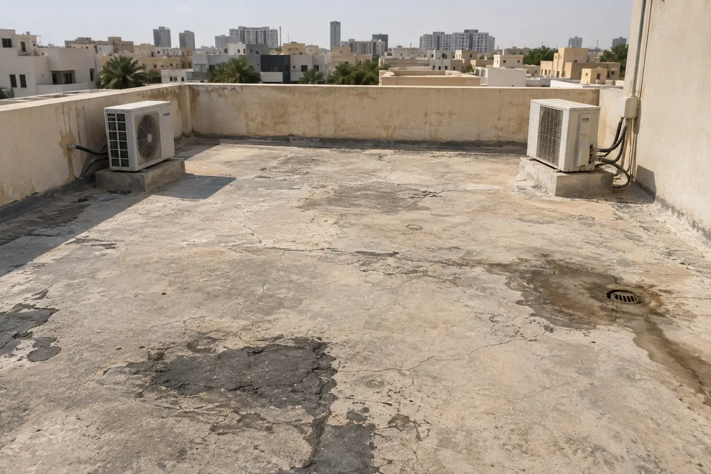 سطح خرساني قديم فيه شقوق وآثار تجمع ماء قبل العزل