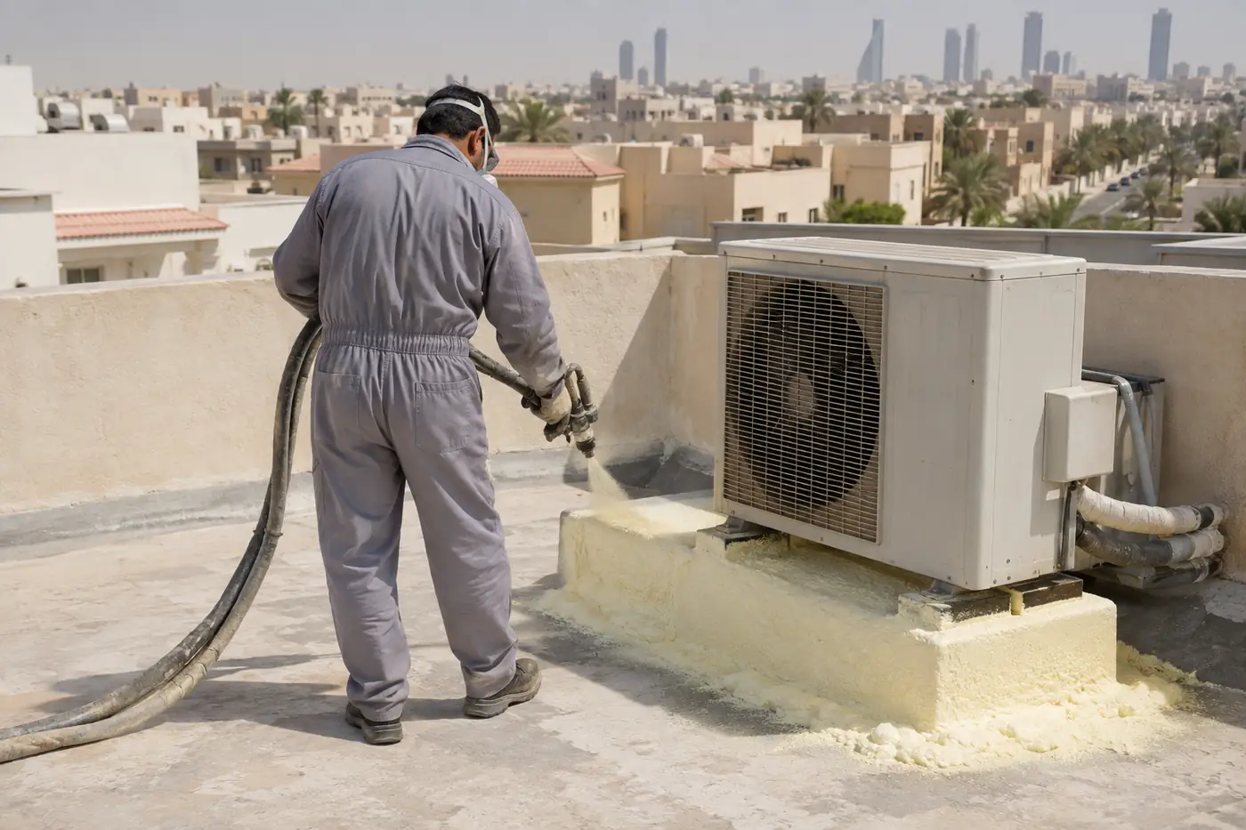 رش عزل فوم البولي يوريثان حول قاعدة مكيف على سطح في الرياض